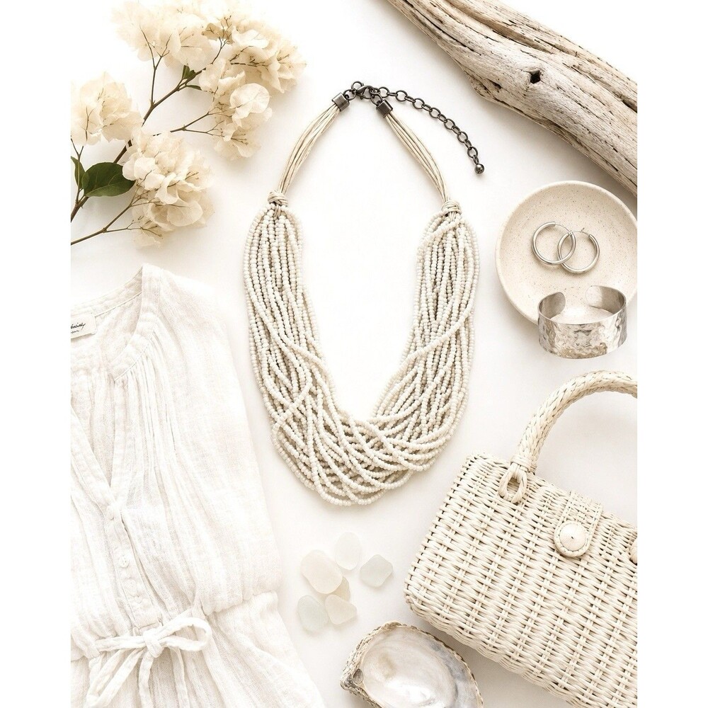 White Multi Strand Seed Bead Statement Necklace Cream Beaded Boho Coastal 21